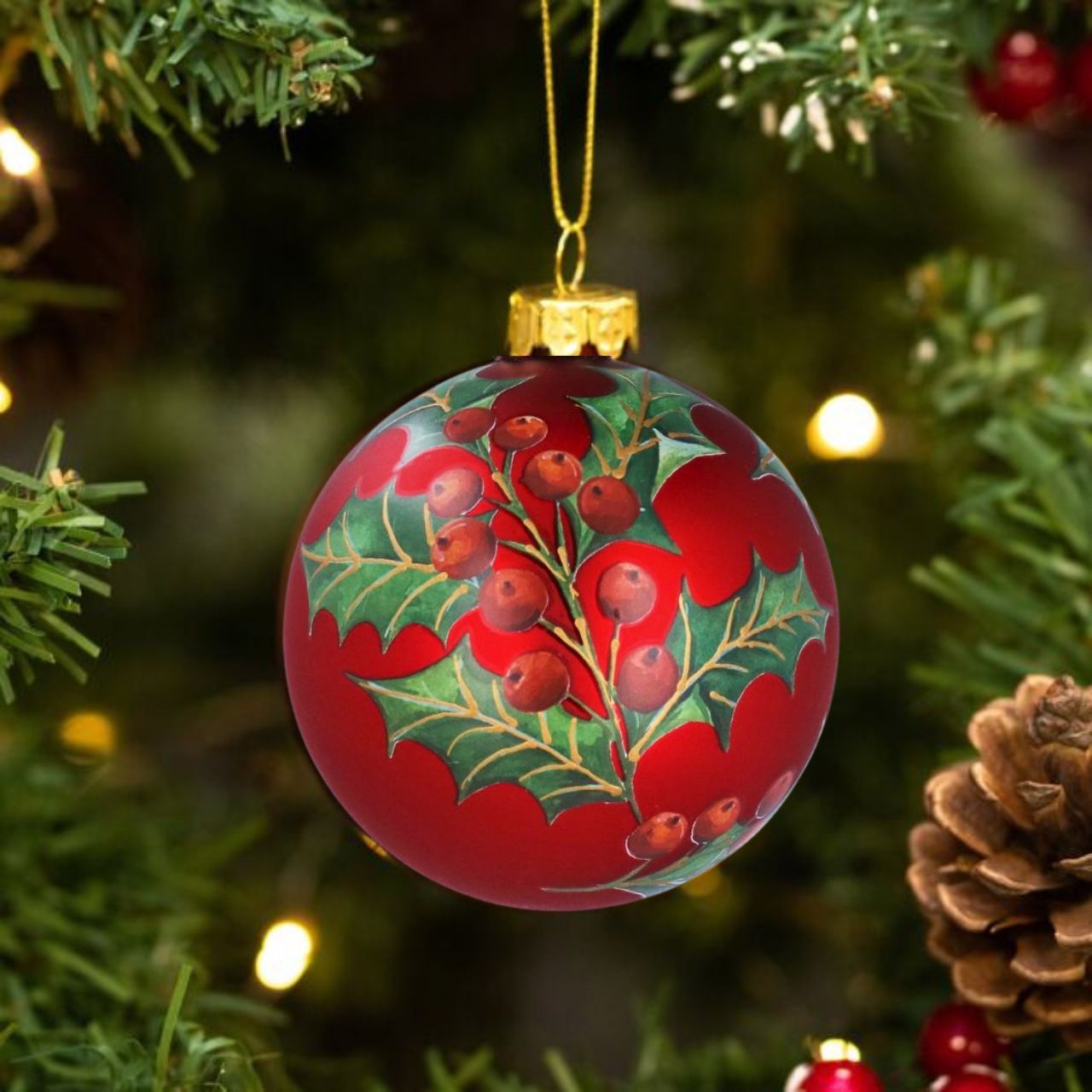 Elevate your holiday décor with the Matt Red Holly Christmas Glass Bauble by Gisela Graham London. This exquisitely crafted bauble features a rich matte red finish accented with delicate holly motifs, adding a timeless elegance to your Christmas tree.