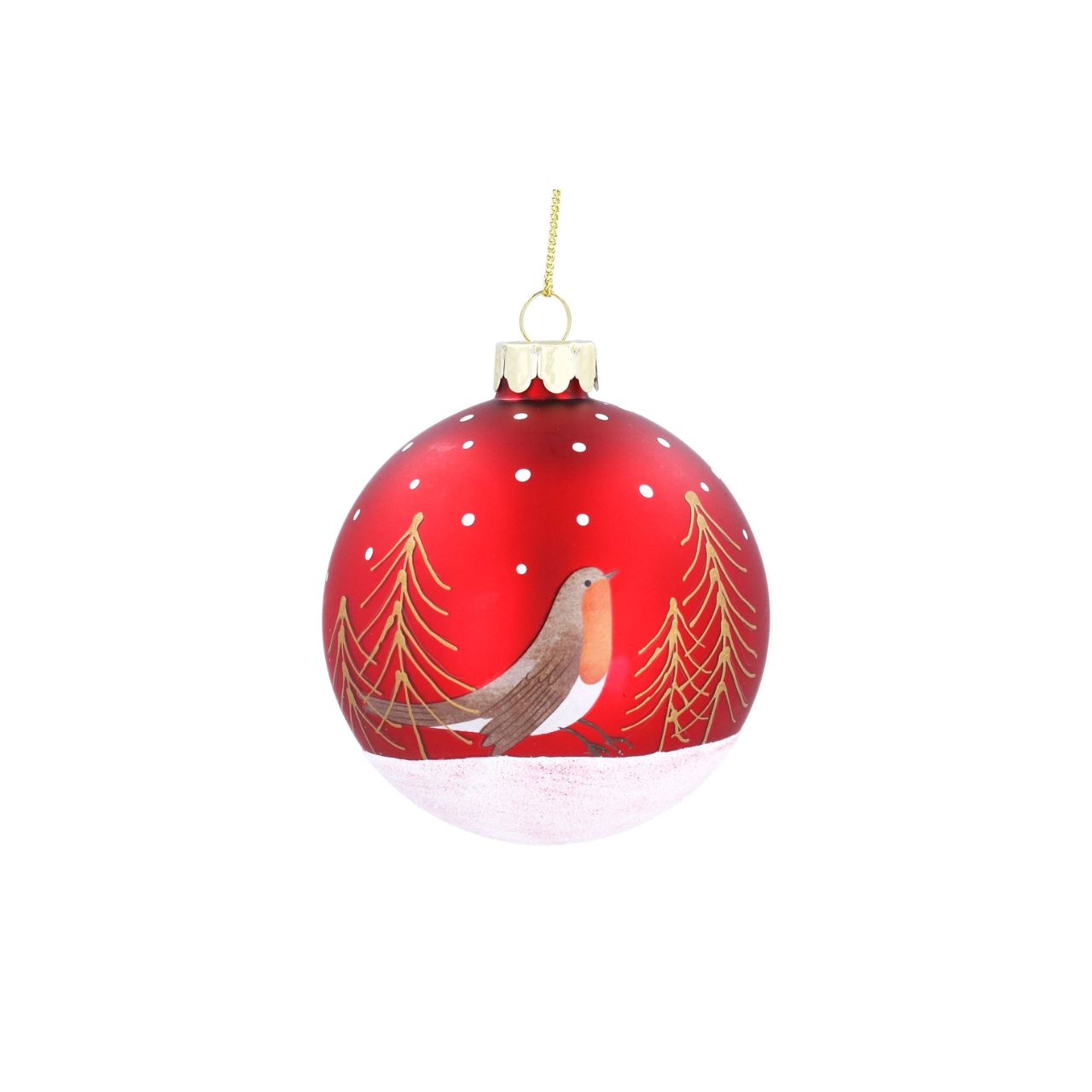 Elevate your holiday décor with the Gisela Graham Christmas Glass Bauble in matt red, featuring a charming robin and delicate tree motifs.