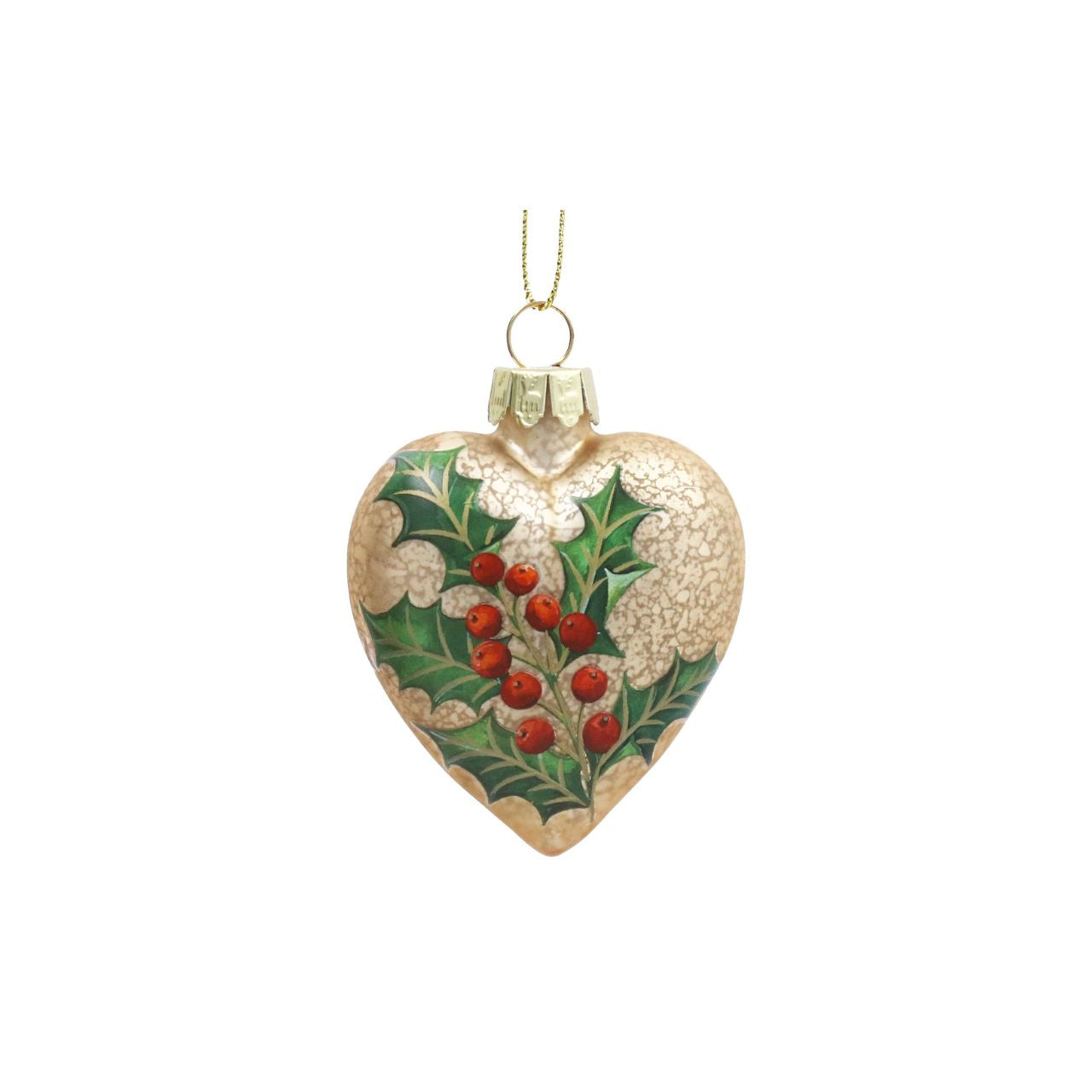 Elevate your holiday décor with the Gisela Graham Antique Gold Heart Bauble. Featuring a refined matte finish adorned with delicate holly details, this elegant glass ornament brings a timeless charm to your Christmas tree.