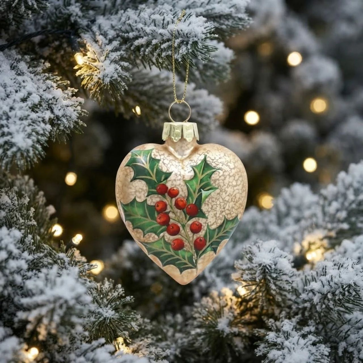 Elevate your holiday décor with the Gisela Graham Antique Gold Heart Bauble. Featuring a refined matte finish adorned with delicate holly details, this elegant glass ornament brings a timeless charm to your Christmas tree.
