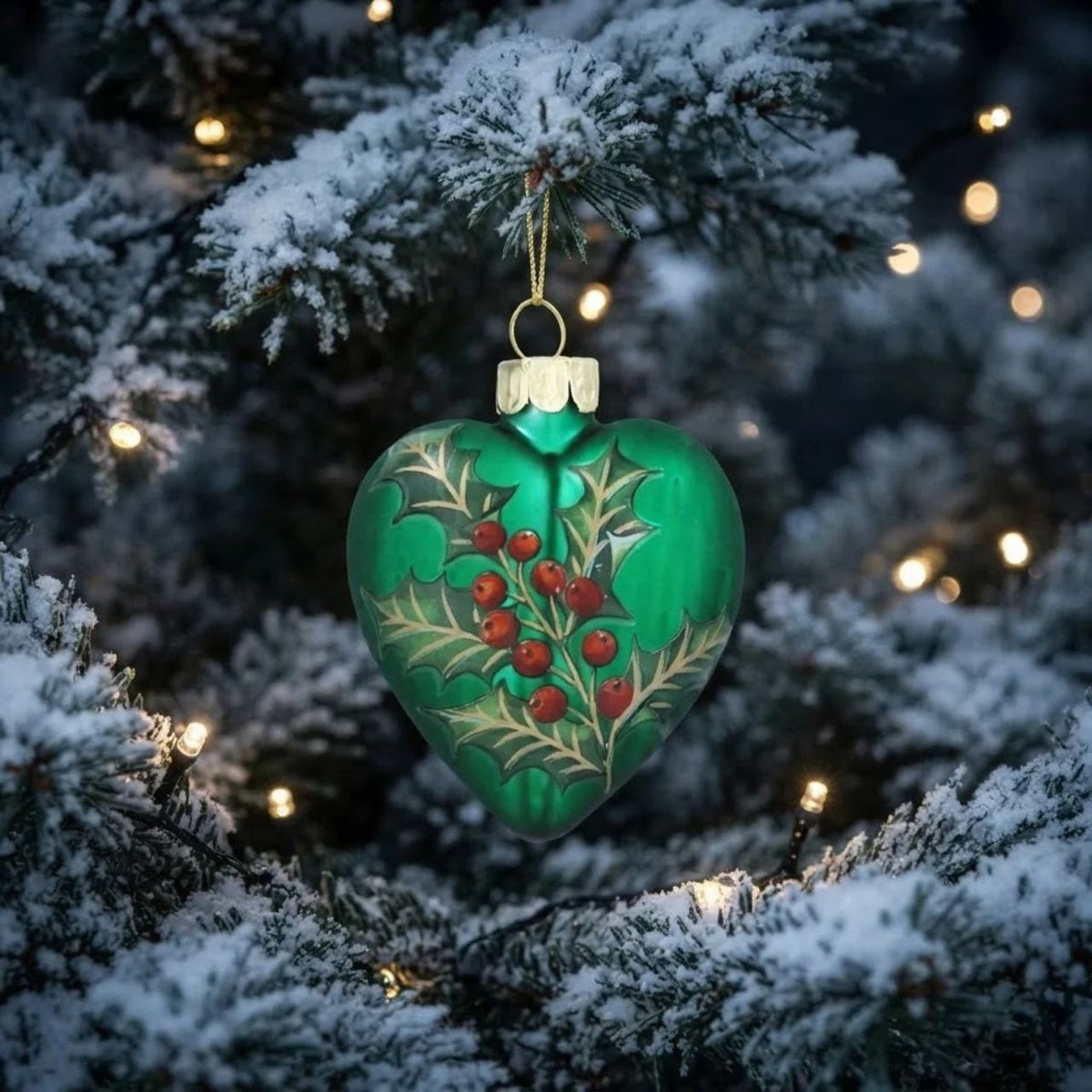 Elevate your holiday decor with the Gisela Graham Matt Forest Green Heart Bauble. Featuring a refined matte finish adorned with delicate holly details, this elegant glass ornament brings a timeless charm to your Christmas tree.