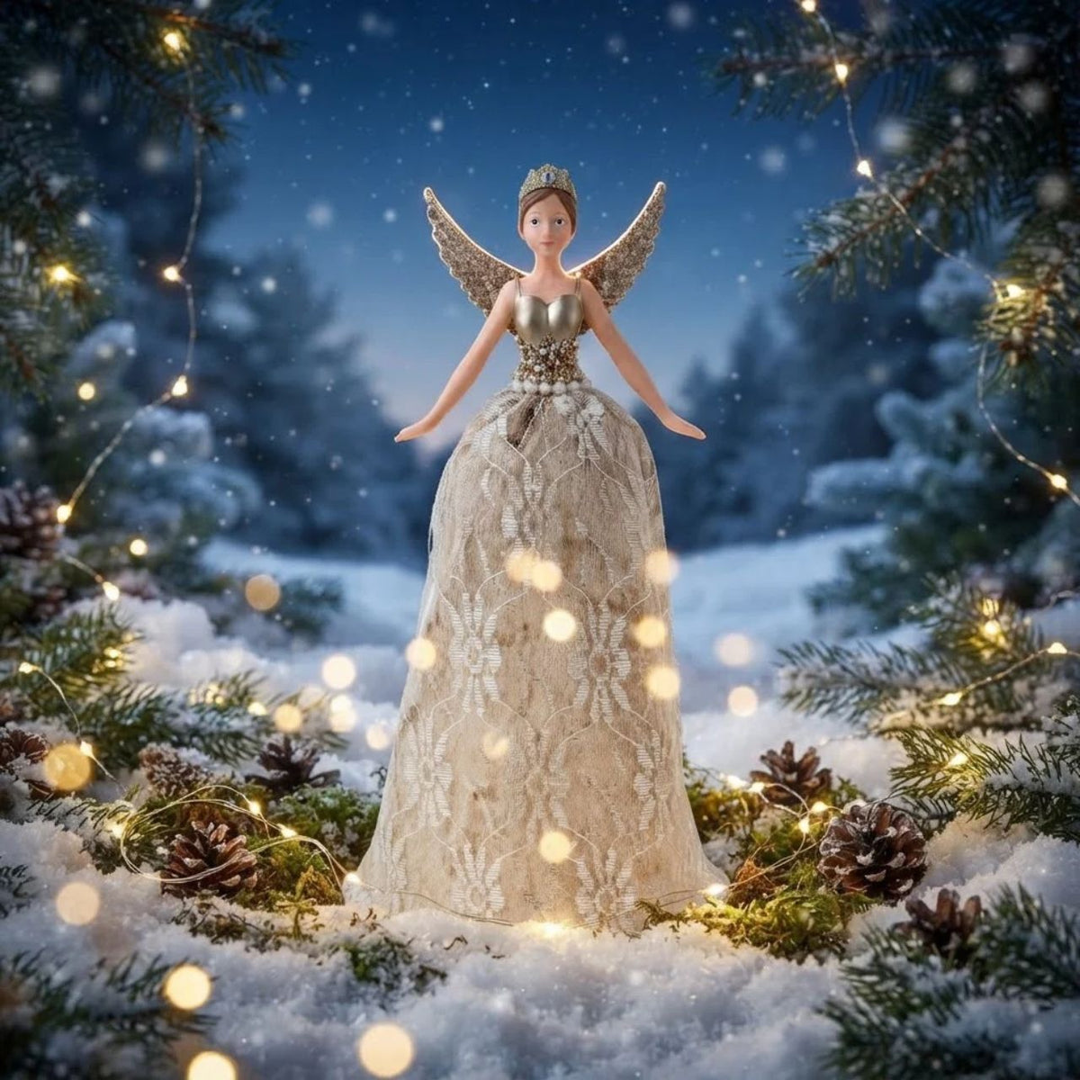 Gisela Graham's luxurious Christmas tree topper transforms your festive display with elegant sophistication. This 28cm fairy figurine features intricate gold lace detailing and premium craftsmanship, combining resin, polyester, and acrylic for durability and refined beauty.