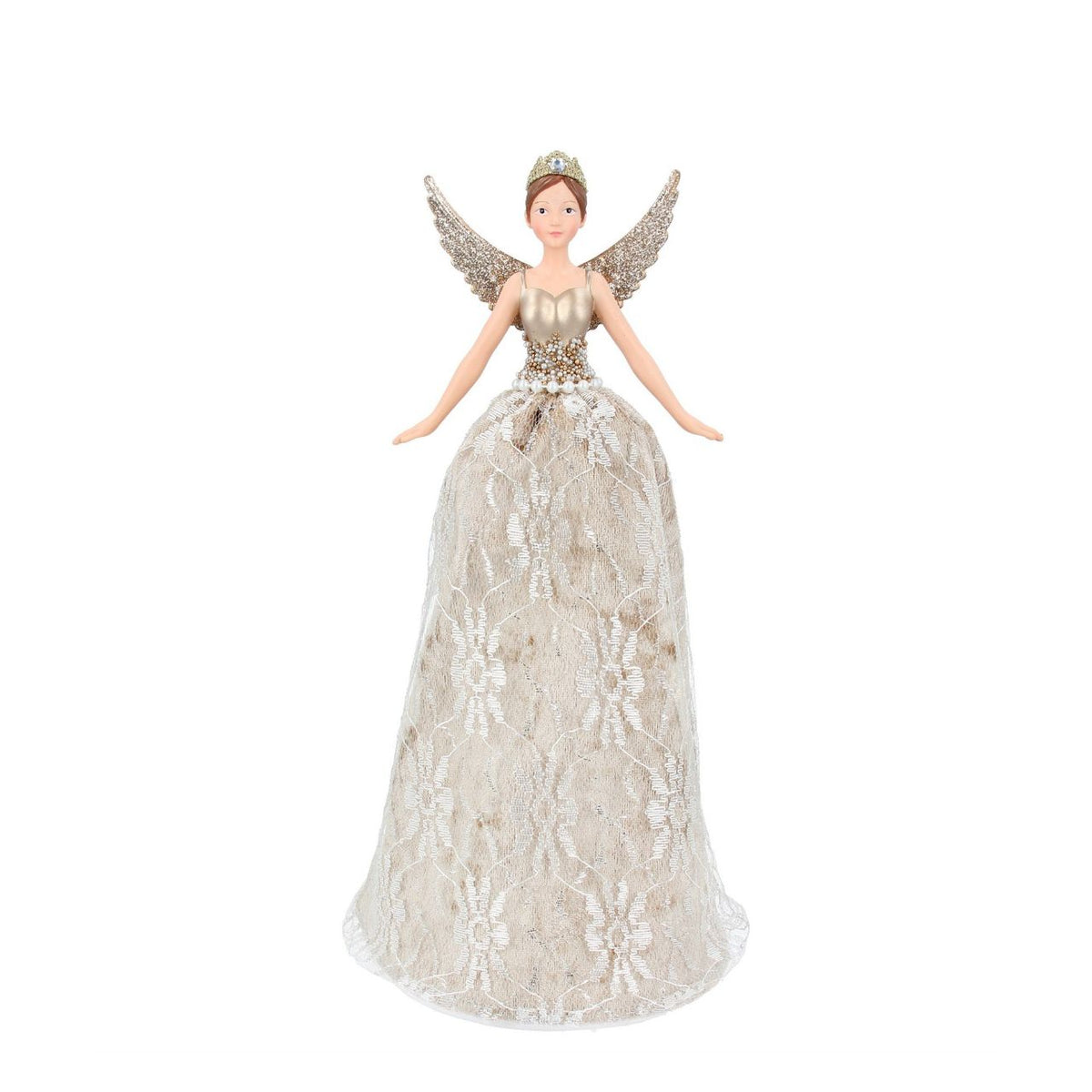 Gisela Graham's luxurious Christmas tree topper transforms your festive display with elegant sophistication. This 28cm fairy figurine features intricate gold lace detailing and premium craftsmanship, combining resin, polyester, and acrylic for durability and refined beauty.