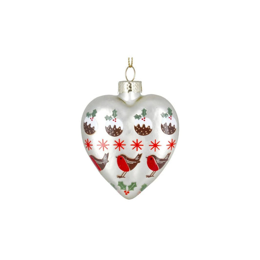 Experience the joy of Christmas with these stunning Gisela Graham Christmas Baubles. The elegant matte white heart design features a charming pudding robin and stars, adding a festive touch to any tree. Spread holiday cheer and make memories with these beautiful ornaments.