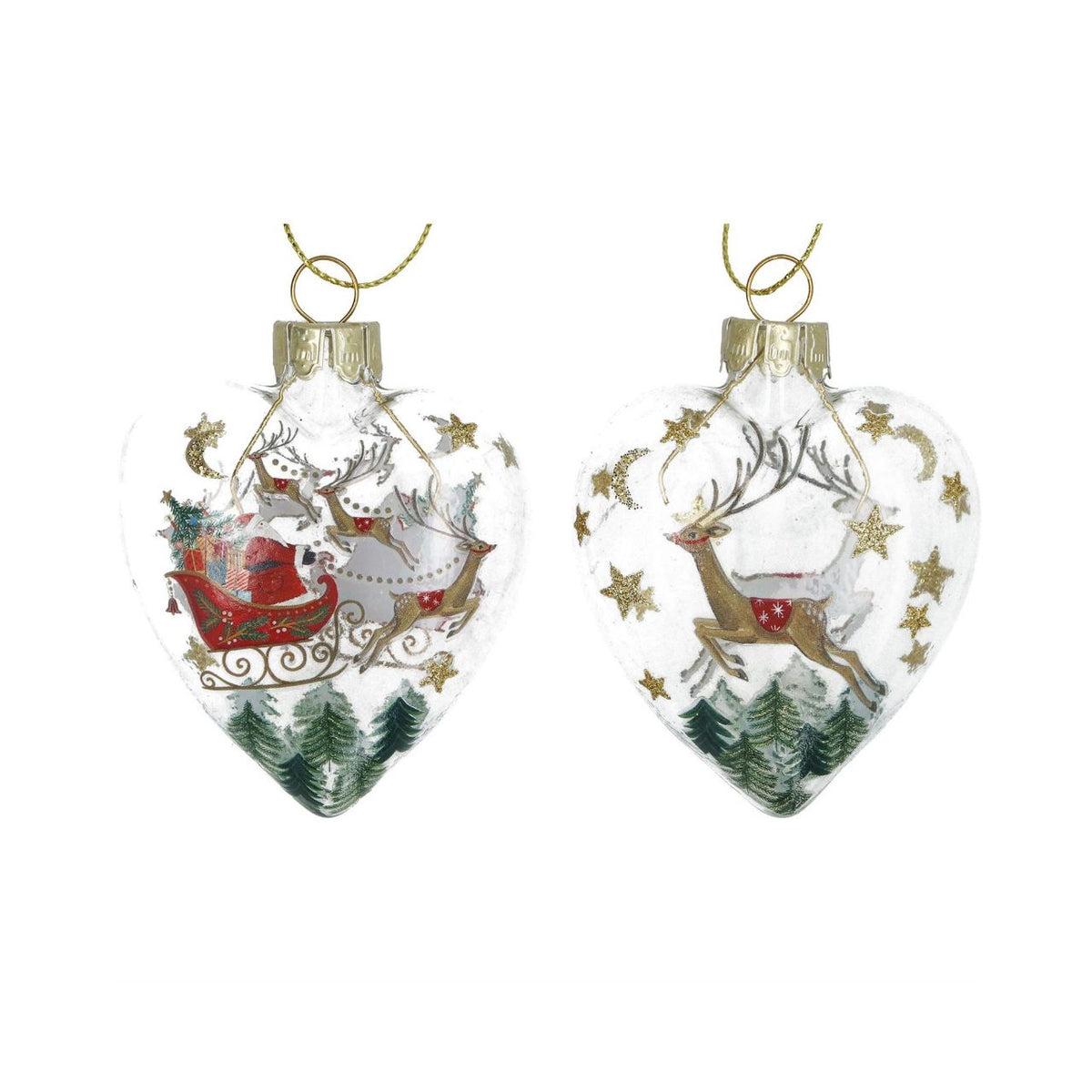 Gisela Graham Bring nostalgic charm to your tree with this elegant heart-shaped glass bauble from Gisela Graham. Choose between a delightful Santa on his sleigh or reindeer design, both beautifully rendered in clear glass for a timeless look.