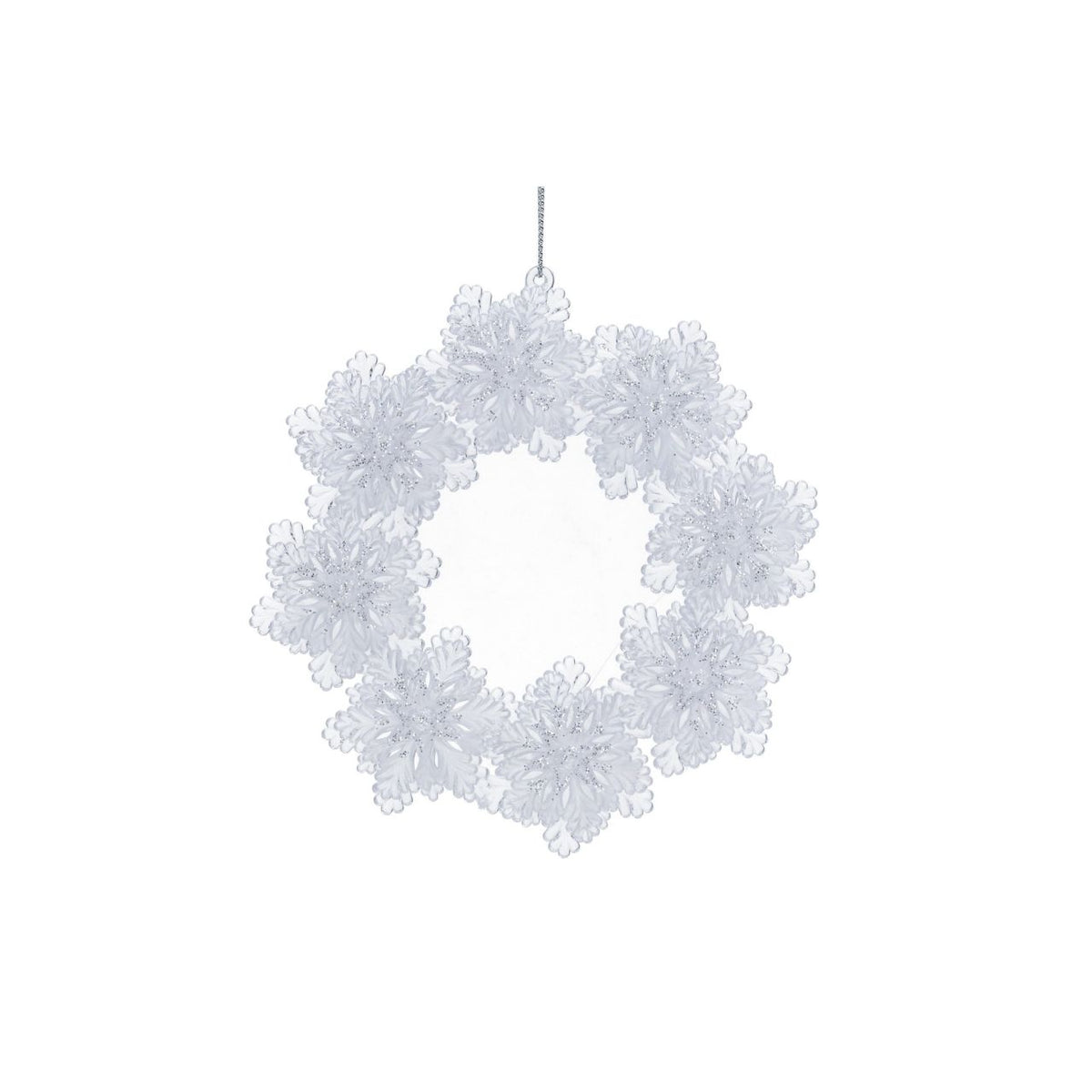 Bring festive elegance to your holiday décor with this stunning Gisela Graham Clear Snowflakes Wreath Hanging Ornament. Featuring delicate snowflake designs encased in clear acrylic, this ornament captures the magic of winter with sparkling glitter accents and fine painted details.