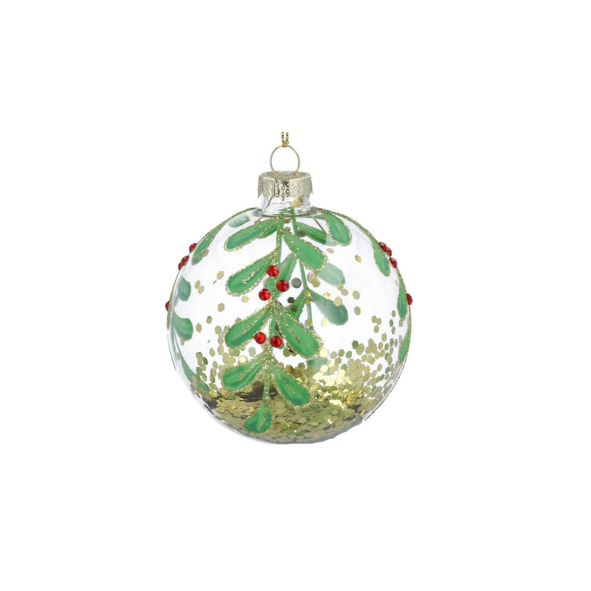 Elevate your festive décor with this stunning Gisela Graham glass bauble. Featuring a clear glass sphere adorned with shimmering gold confetti and delicate berry vine details, it brings elegance and warmth to any Christmas tree or holiday display.