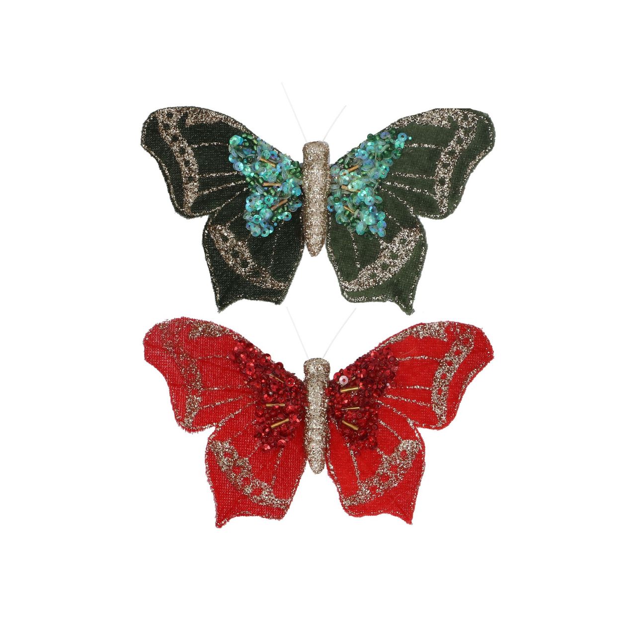 Add a refined festive touch with the Gisela Graham Fabric Clip-on Red Green Butterfly Christmas Decoration. Featuring elegant red and green hues, this delicately crafted butterfly effortlessly clips onto your tree or wreath, enhancing your holiday décor with a subtle charm.