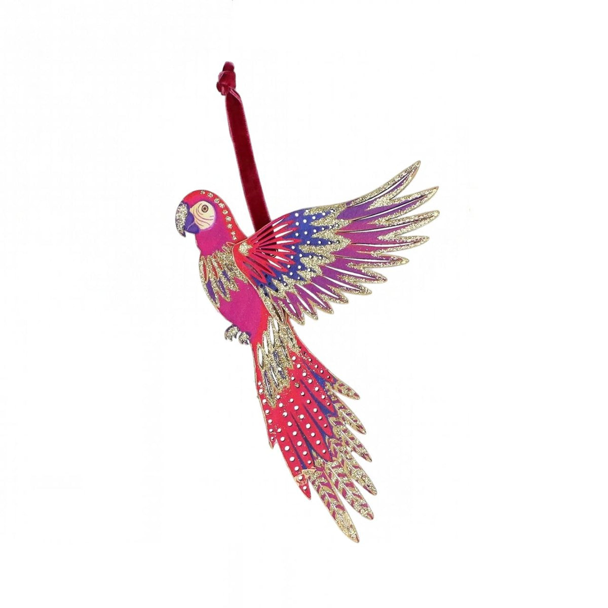 Bring whimsical charm to your tree with this delightful Gisela Graham Fantasia Parrot Christmas Hanging Ornament. Crafted from quality plywood with elegant gold trimming, this playful parrot features vibrant colour options—choose from rich green, festive red, or regal purple to match your holiday décor.