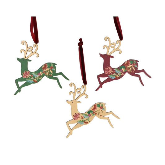 Gisela Graham Floribunda Wood Stag Christmas Hanging Ornament, available in Red, Green or Gold. This charming decorative piece brings festive elegance to your tree with its detailed stag design. Crafted from tin, it features an intricate floribunda pattern that catches the light beautifully. Perfect for collectors and those seeking a sophisticated seasonal accent.