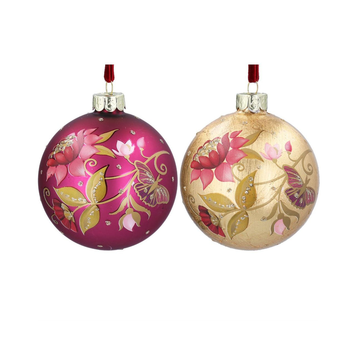 Bring festive elegance to your tree with this stunning Gisela Graham Fuchsia & Gold Leaf Floribunda Glass Bauble. Hand-crafted from 100% glass, this ornament features delicate fuchsia tones complemented by shimmering gold leaf detailing inspired by the charming floribunda flower.