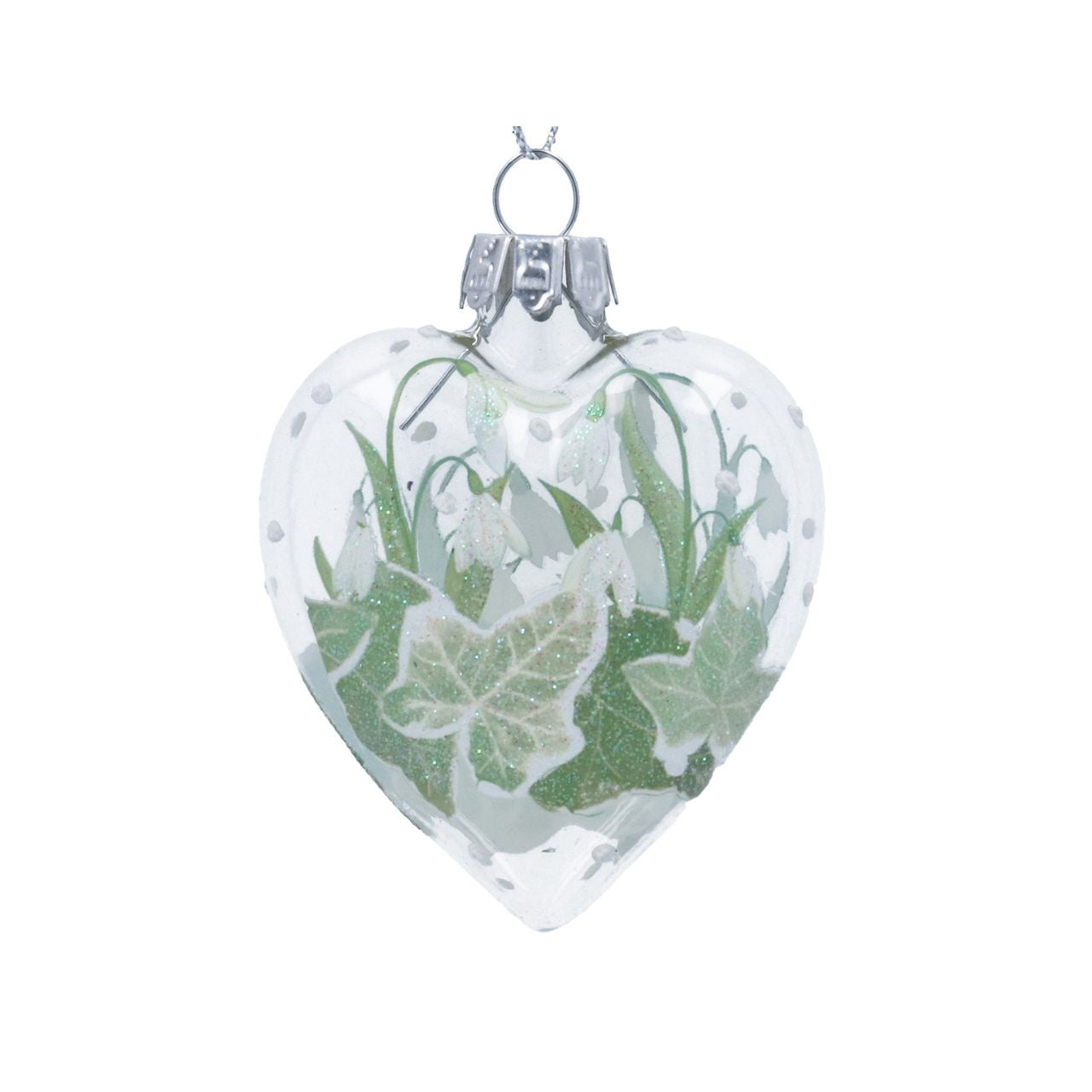 Elevate your festive decor with the Gisela Graham Glass Snowdrops &amp; Ivy Heart Christmas Bauble. Crafted from clear glass, this elegant bauble features delicate snowdrop blooms intertwined with ivy leaves, creating a refined seasonal accent.