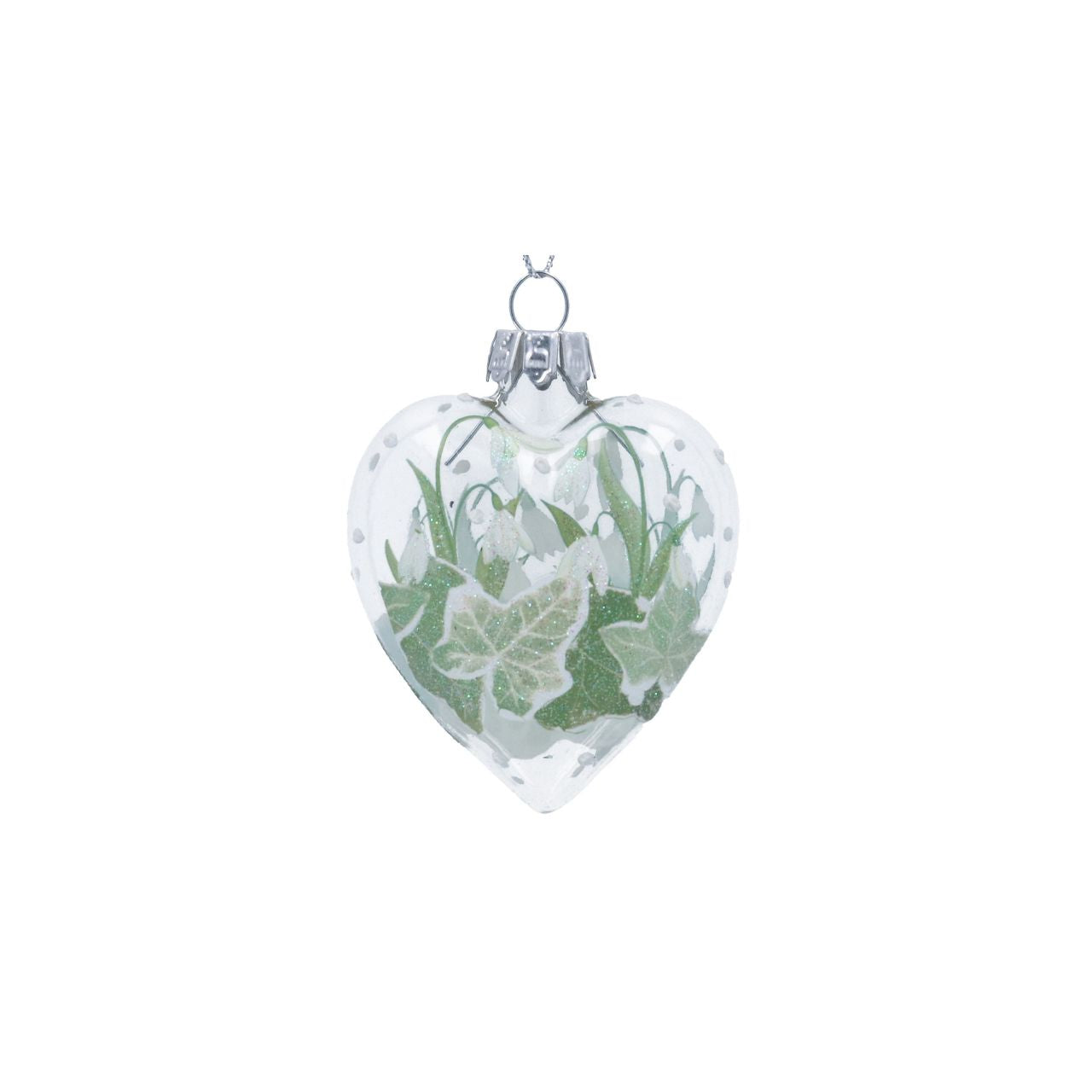 Elevate your festive decor with the Gisela Graham Glass Snowdrops &amp; Ivy Heart Christmas Bauble. Crafted from clear glass, this elegant bauble features delicate snowdrop blooms intertwined with ivy leaves, creating a refined seasonal accent.
