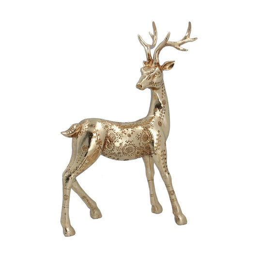 Gold Embossed Resin Standing Stag Christmas Ornament by Gisela Graham  Bring a touch of natural beauty to your holiday decor with this Gold Embossed Standing Stag Christmas Ornament by Gisela Graham. Crafted from resin for durability, this ornament features exquisitely detailed gold embossed patterns that capture the natural grace and beauty of a Stag. An elegant addition to your holiday décor.