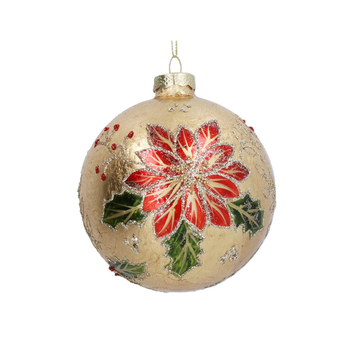Bring timeless elegance to your Christmas tree with this stunning Gisela Graham Gold Foil Poinsettia Glass Bauble. Hand-decorated with luxurious gold foil detailing, the iconic poinsettia design captures festive beauty in a classic spherical shape.