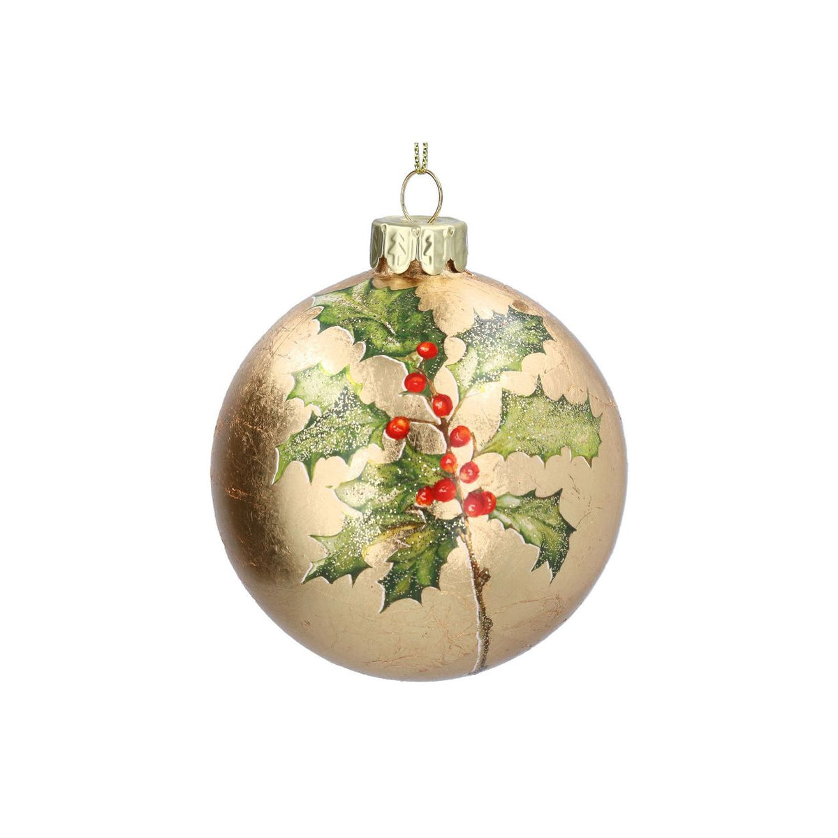 Gisela Graham Gold Leaf with Red Holly Christmas Bauble brings timeless elegance to your festive décor. This hand-finished glass ornament features a luxurious gold leaf background with striking red holly detailing, creating a sophisticated holiday accent that complements any tree or display.