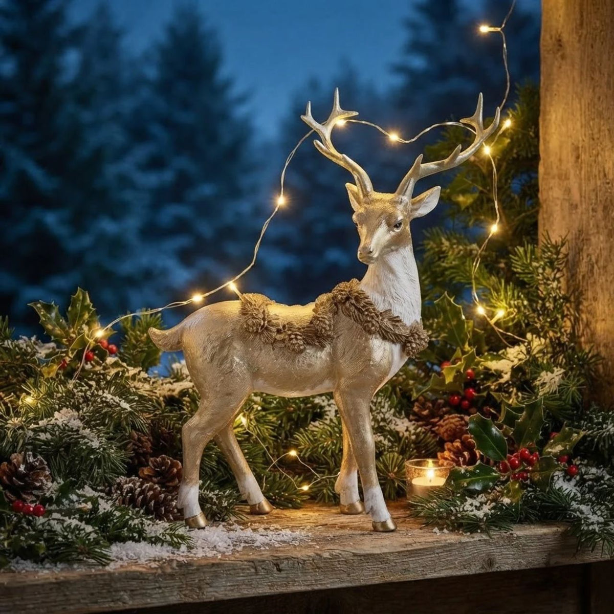 Elevate your festive displays with this striking Gold Stag figurine by Gisela Graham. Standing at 23cm tall, this elegant resin piece features a majestic stag adorned with a delicate cone garland, capturing the magic of the season.