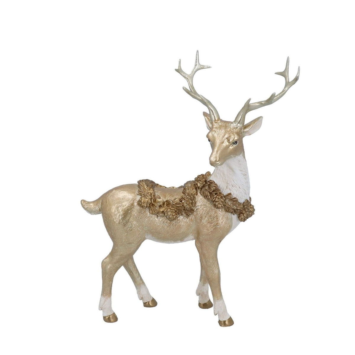 Elevate your festive displays with this striking Gold Stag figurine by Gisela Graham. Standing at 23cm tall, this elegant resin piece features a majestic stag adorned with a delicate cone garland, capturing the magic of the season.
