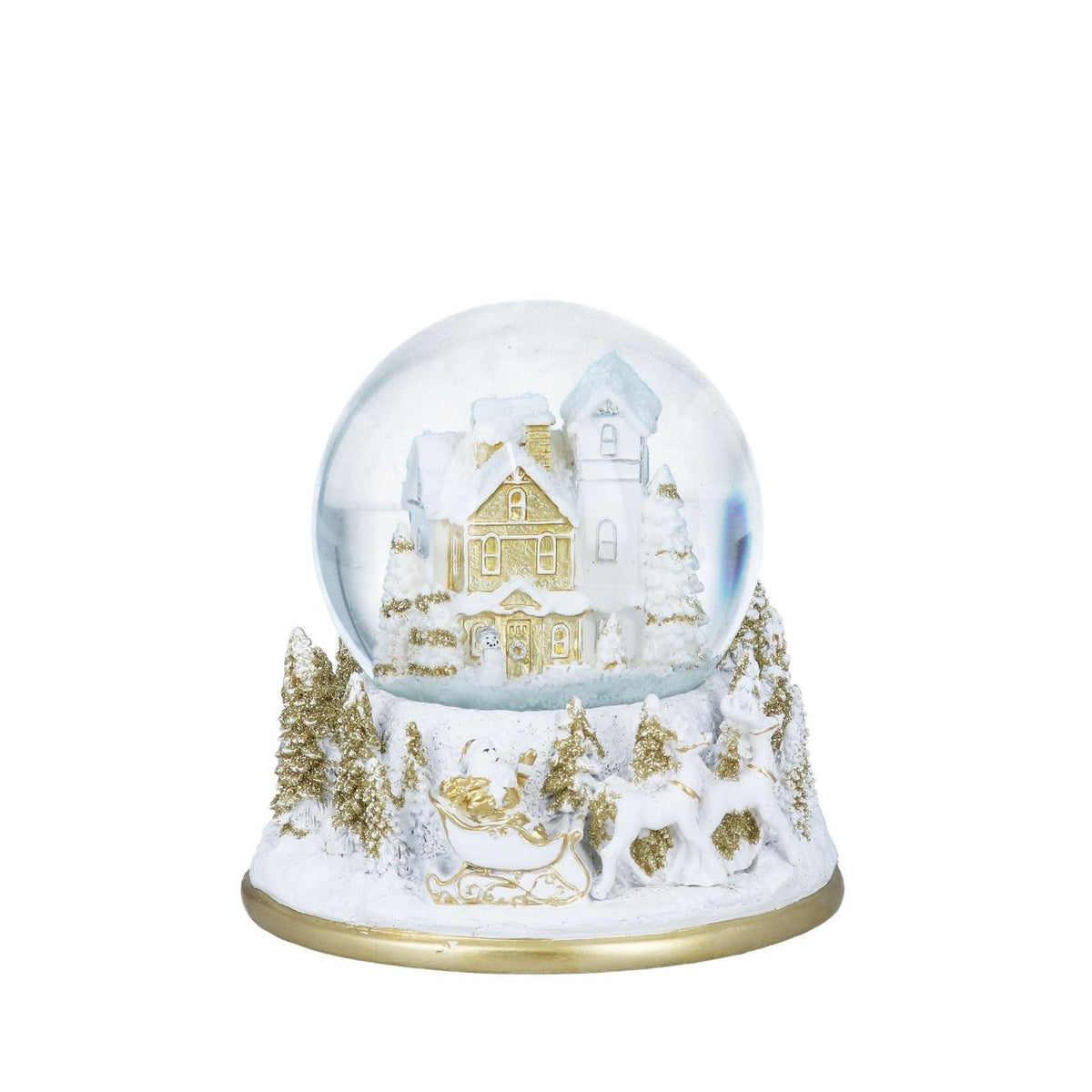 A charming musical snow globe from the renowned Gisela Graham collection, featuring a beautifully detailed gold and white village scene. This delightful piece combines traditional craftsmanship with festive appeal, perfect for seasonal displays or year-round decoration.