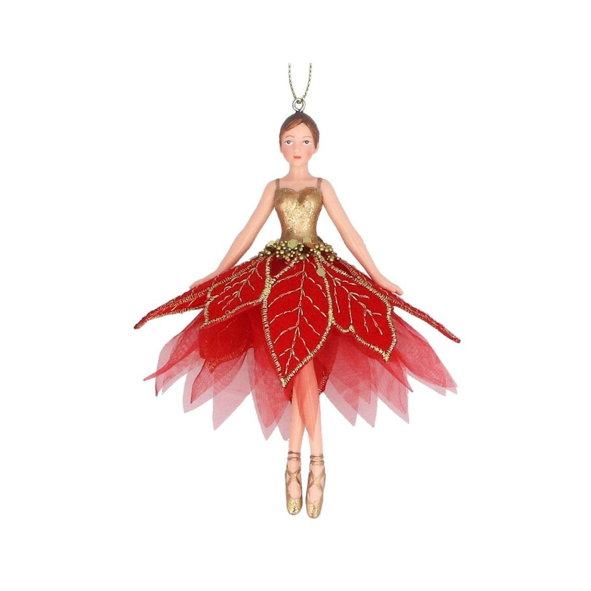 Bring festive elegance to your tree with this enchanting Gisela Graham fairy ornament. Dressed in shimmering gold with a poinsettia fabric accent, this charming hanging decoration captures the magic of the Christmas season. The delicate design makes it perfect for traditional or contemporary displays.