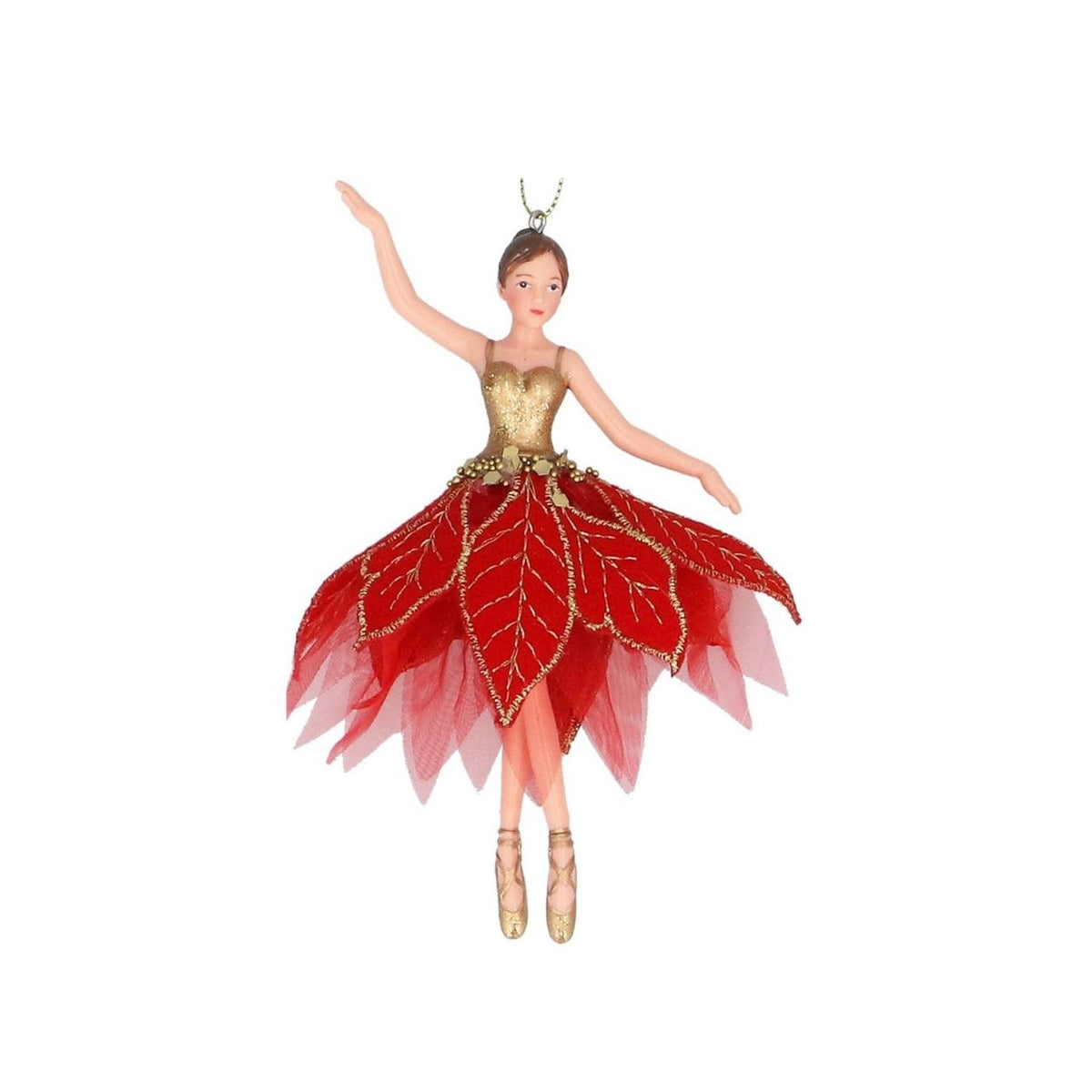 Bring festive elegance to your tree with this enchanting Gisela Graham fairy ornament. Dressed in shimmering gold with a poinsettia fabric accent, this charming hanging decoration captures the magic of the Christmas season. The delicate design makes it perfect for traditional or contemporary displays.