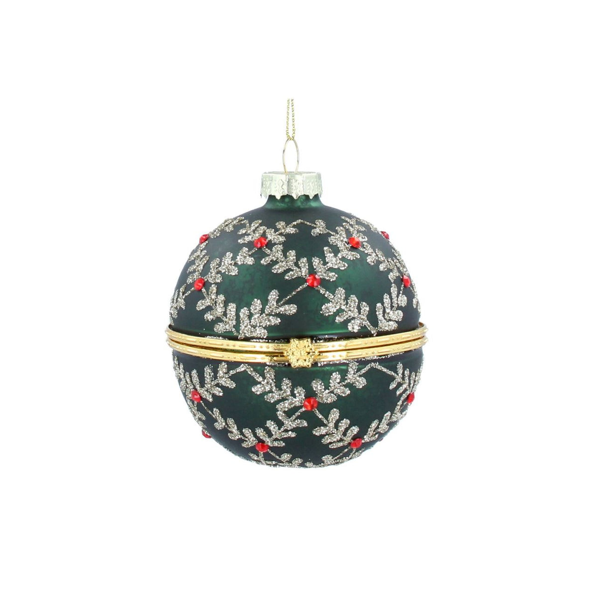 Elevate your Christmas tree with this stunning Gisela Graham Green Glitter Leaf Trellis Container Bauble. Crafted from 100% glass, this elegant ornament features a sophisticated leaf trellis design adorned with shimmering green glitter that catches the light beautifully.