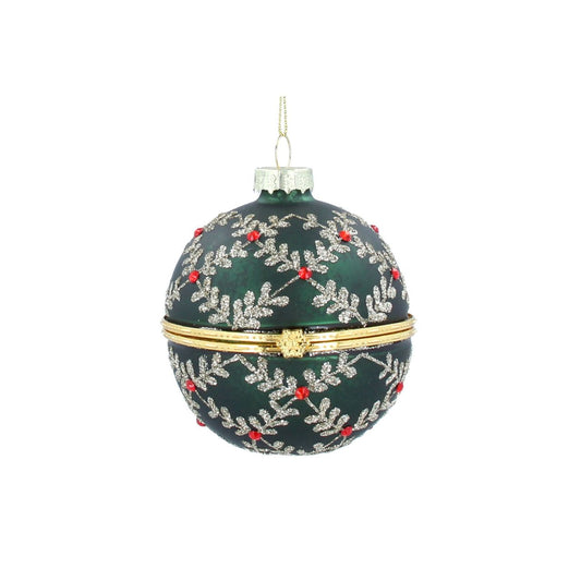 Elevate your Christmas tree with this stunning Gisela Graham Green Glitter Leaf Trellis Container Bauble. Crafted from 100% glass, this elegant ornament features a sophisticated leaf trellis design adorned with shimmering green glitter that catches the light beautifully.