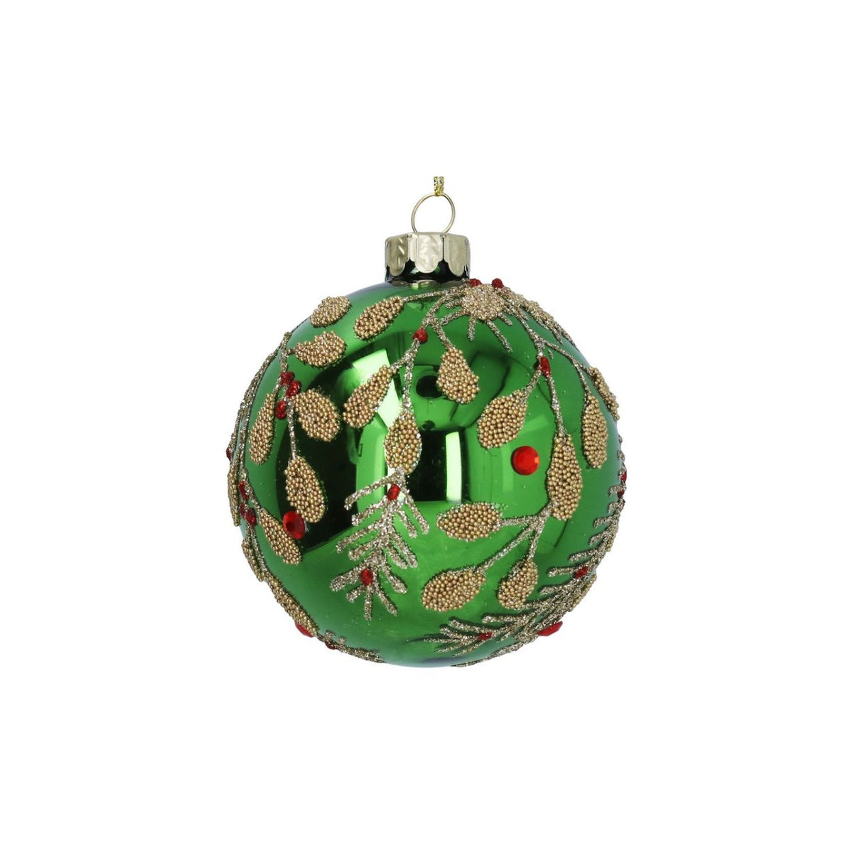 Bring festive elegance to your tree with this stunning Gisela Graham Christmas bauble. Featuring a rich green mirrored finish complemented by delicate beaded gold vine detailing, this ornament captures the essence of sophisticated holiday décor.