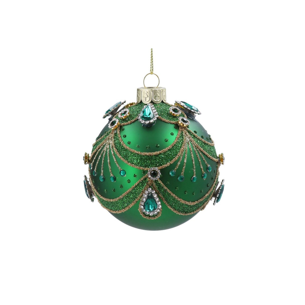 Add timeless elegance to your tree with this stunning Gisela Graham bauble. Featuring a rich green finish adorned with ornate swags and jewelled accents, this 8cm sphere captures the luxury and sophistication of traditional Christmas décor.