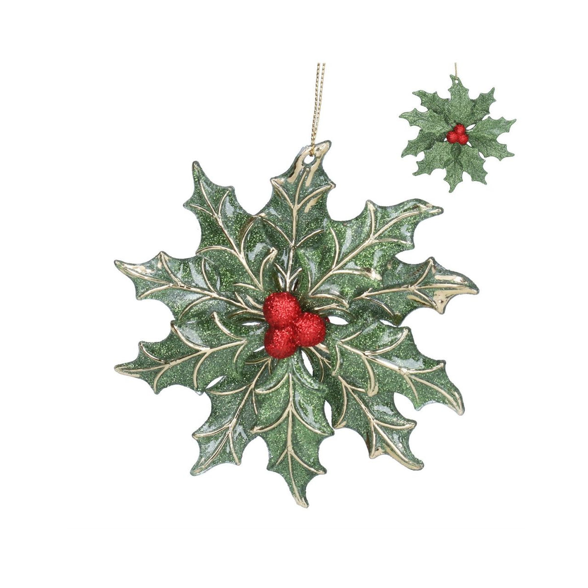 A festive addition to any holiday display, this Gisela Graham hanging ornament combines delicate holly leaf details with an elegant snowflake design.