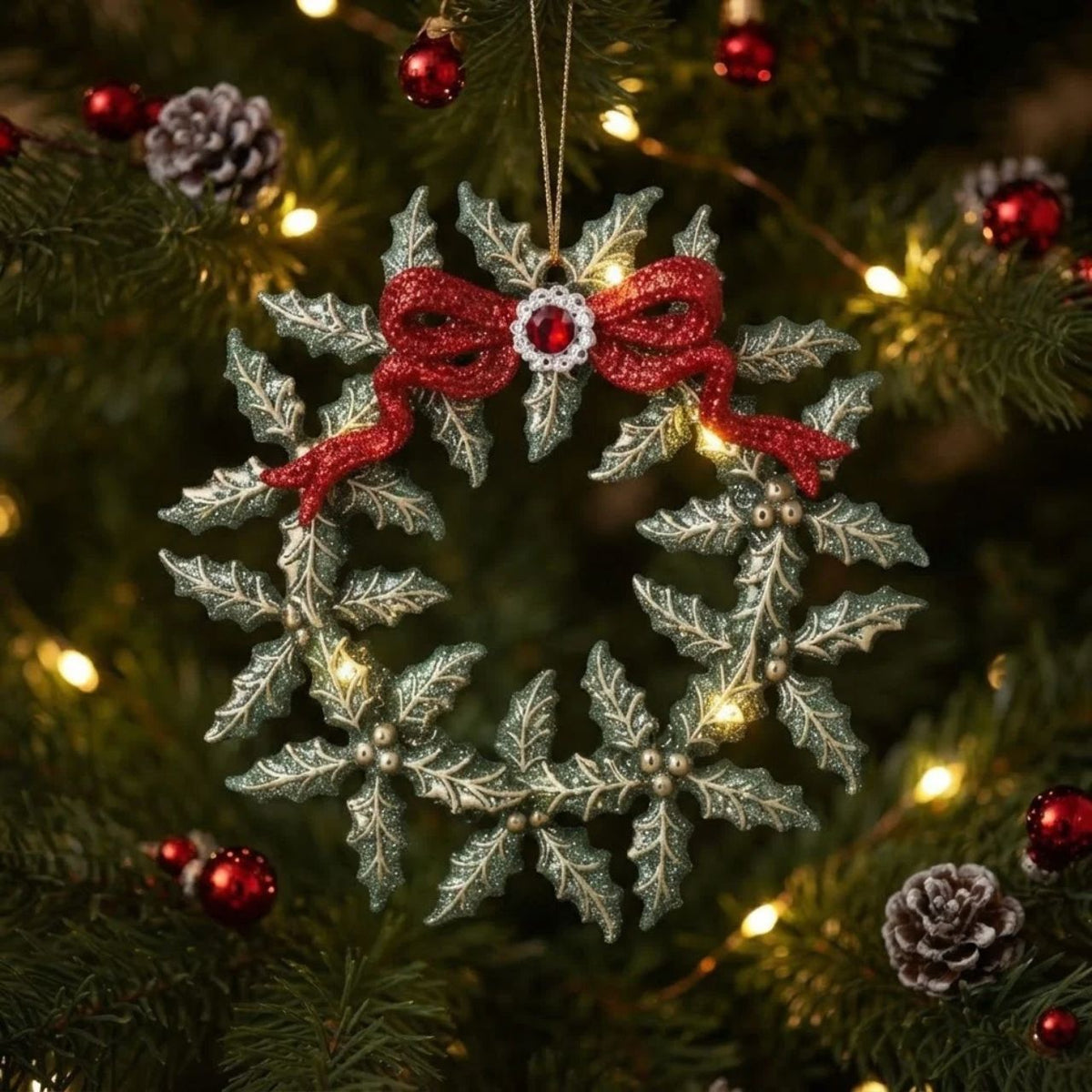 Gisela Graham Holly Wreath with Red Bow Hanging Ornament brings festive elegance to your holiday décor. This charming ornament features a classic holly wreath design adorned with a vibrant red bow, perfect for adding seasonal cheer to your tree or home.