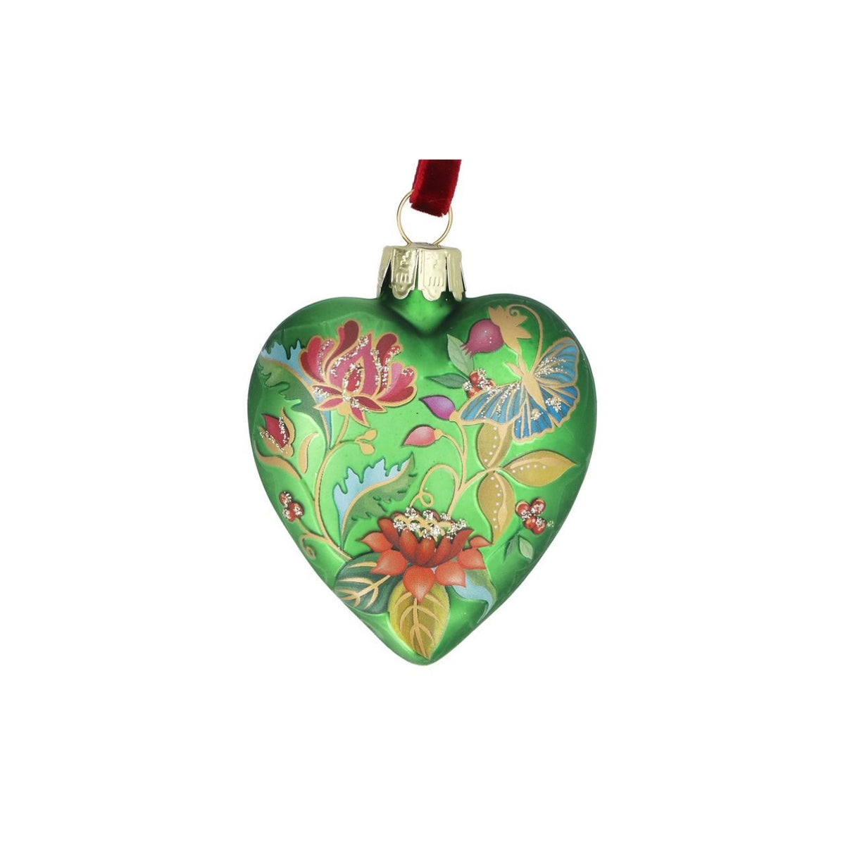 Bring festive elegance to your tree with this charming Gisela Graham heart-shaped glass bauble. Finished in a sophisticated matt apple green, the delicate floribunda design adds timeless appeal to any Christmas display.