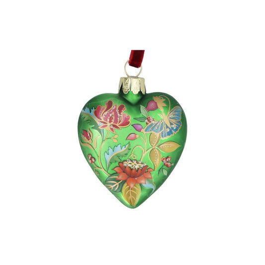 Bring festive elegance to your tree with this charming Gisela Graham heart-shaped glass bauble. Finished in a sophisticated matt apple green, the delicate floribunda design adds timeless appeal to any Christmas display.
