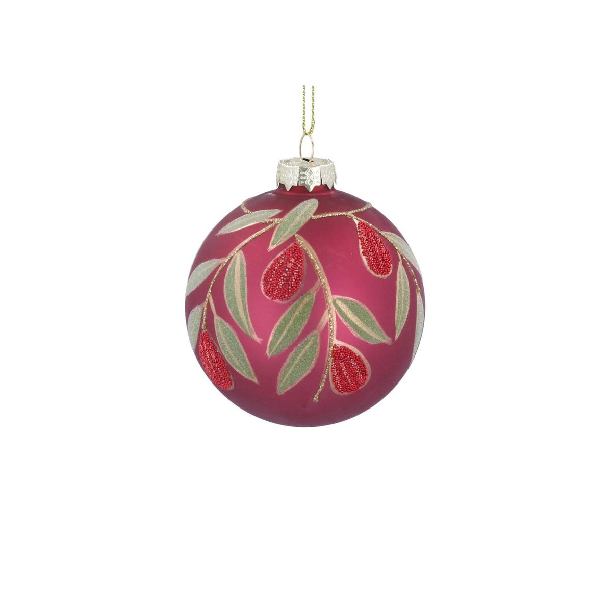 Gisela Graham Matt Cerise Glass Bauble with beaded fruit and leaf embellishments. This elegant Christmas ornament combines rich cerise tones with intricate beaded detailing for a sophisticated festive look.