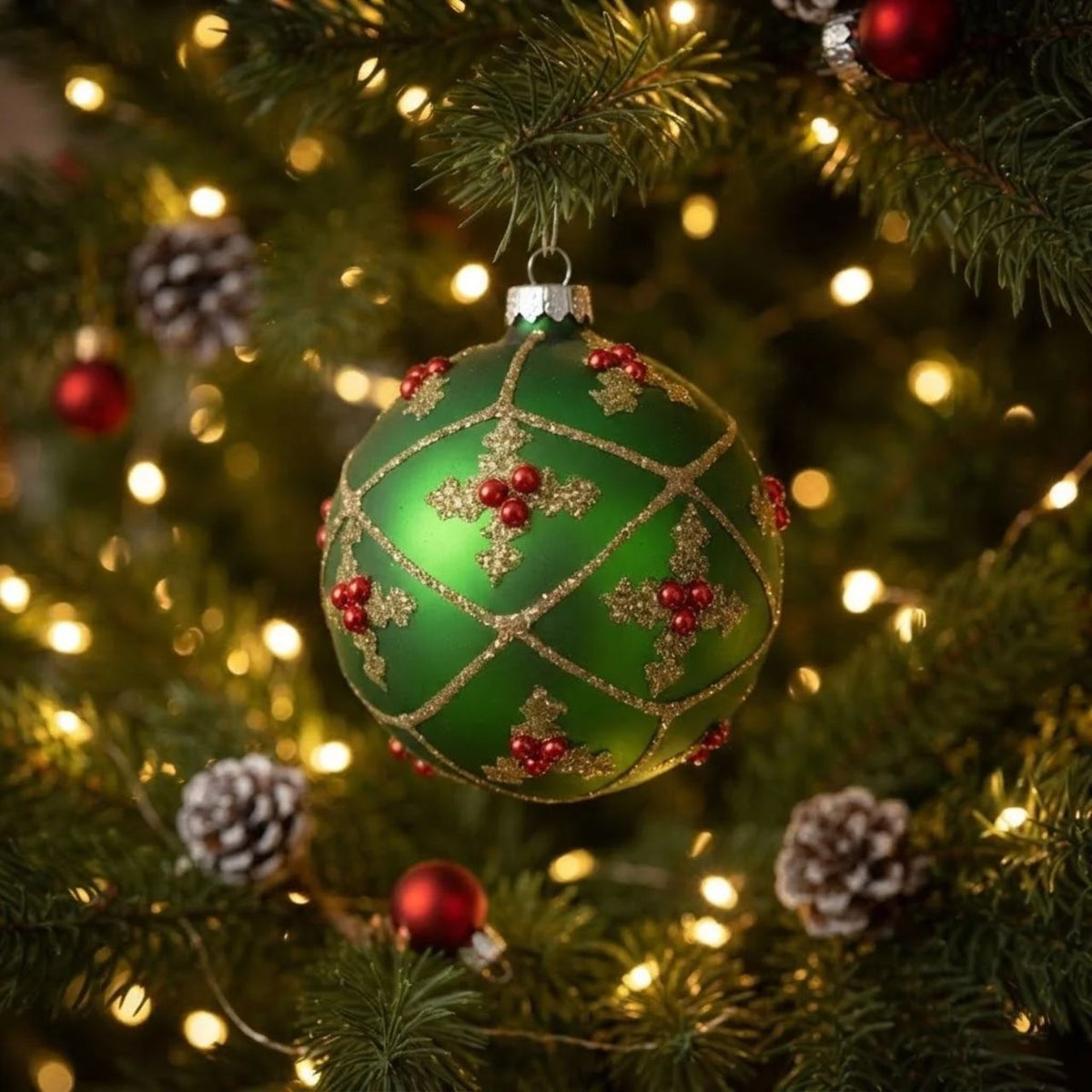 Elevate your holiday décor with the Gisela Graham Matt Green Christmas Bauble featuring an elegant holly trellis design. Its matte finish adds understated sophistication, while the intricate holly detailing brings a timeless festive charm. Perfect for adding refined seasonal accents to your tree or wreaths.