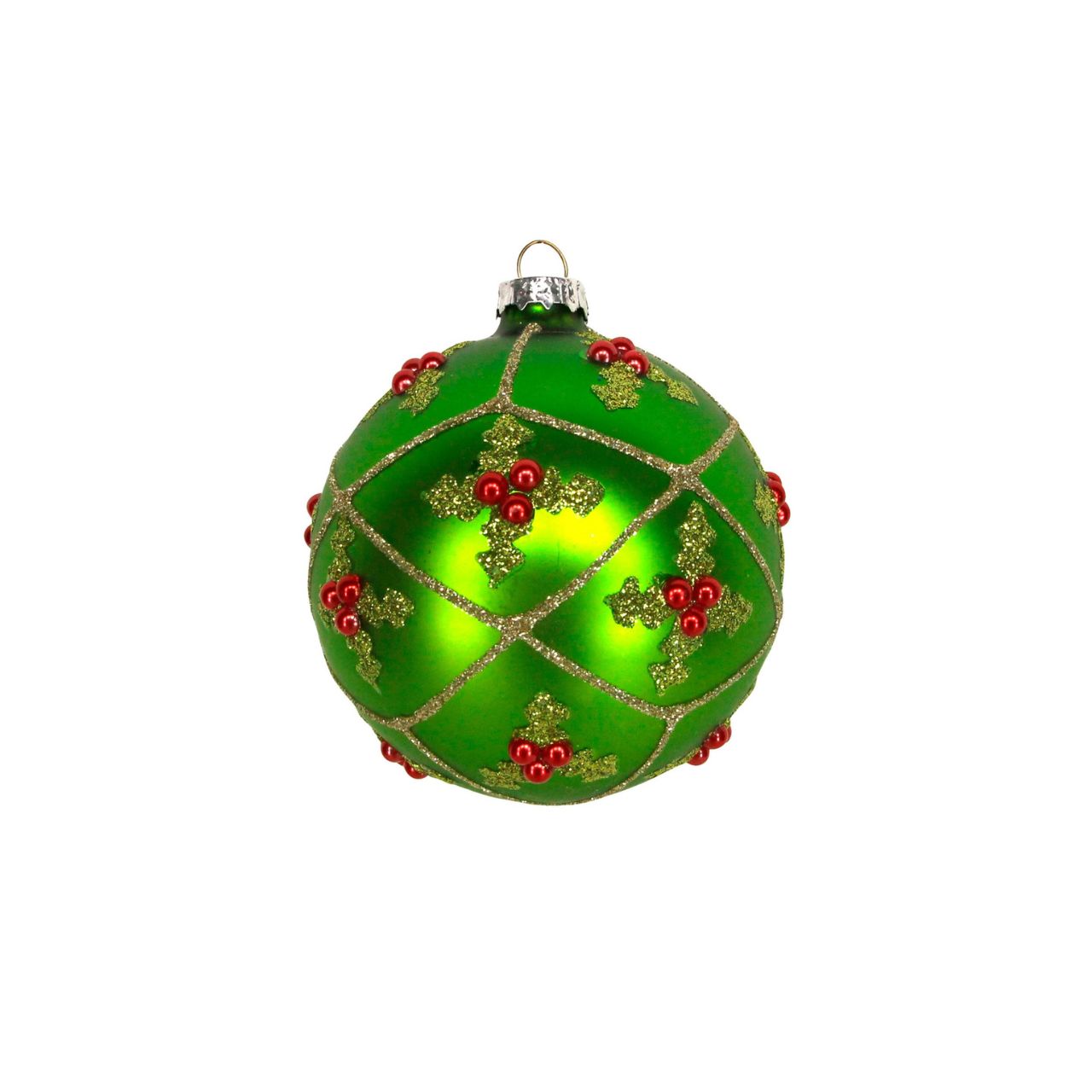 Elevate your holiday décor with the Gisela Graham Matt Green Christmas Bauble featuring an elegant holly trellis design. Its matte finish adds understated sophistication, while the intricate holly detailing brings a timeless festive charm.