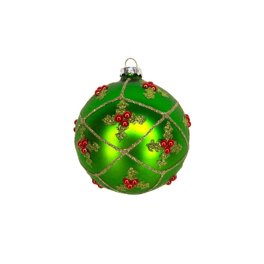 Elevate your holiday décor with the Gisela Graham Matt Green Christmas Bauble featuring an elegant holly trellis design. Its matte finish adds understated sophistication, while the intricate holly detailing brings a timeless festive charm.
