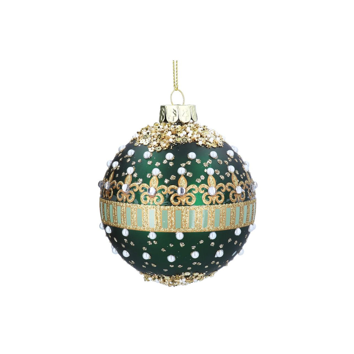 Elevate your Christmas tree with this elegant Gisela Graham bauble, featuring a sophisticated matt green finish adorned with lustrous pearls and jewels. This handcrafted glass ornament combines timeless holiday charm with contemporary design, perfect for adding a touch of luxury to your festive décor.