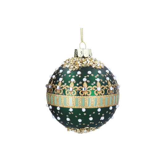 Elevate your Christmas tree with this elegant Gisela Graham bauble, featuring a sophisticated matt green finish adorned with lustrous pearls and jewels. This handcrafted glass ornament combines timeless holiday charm with contemporary design, perfect for adding a touch of luxury to your festive décor.