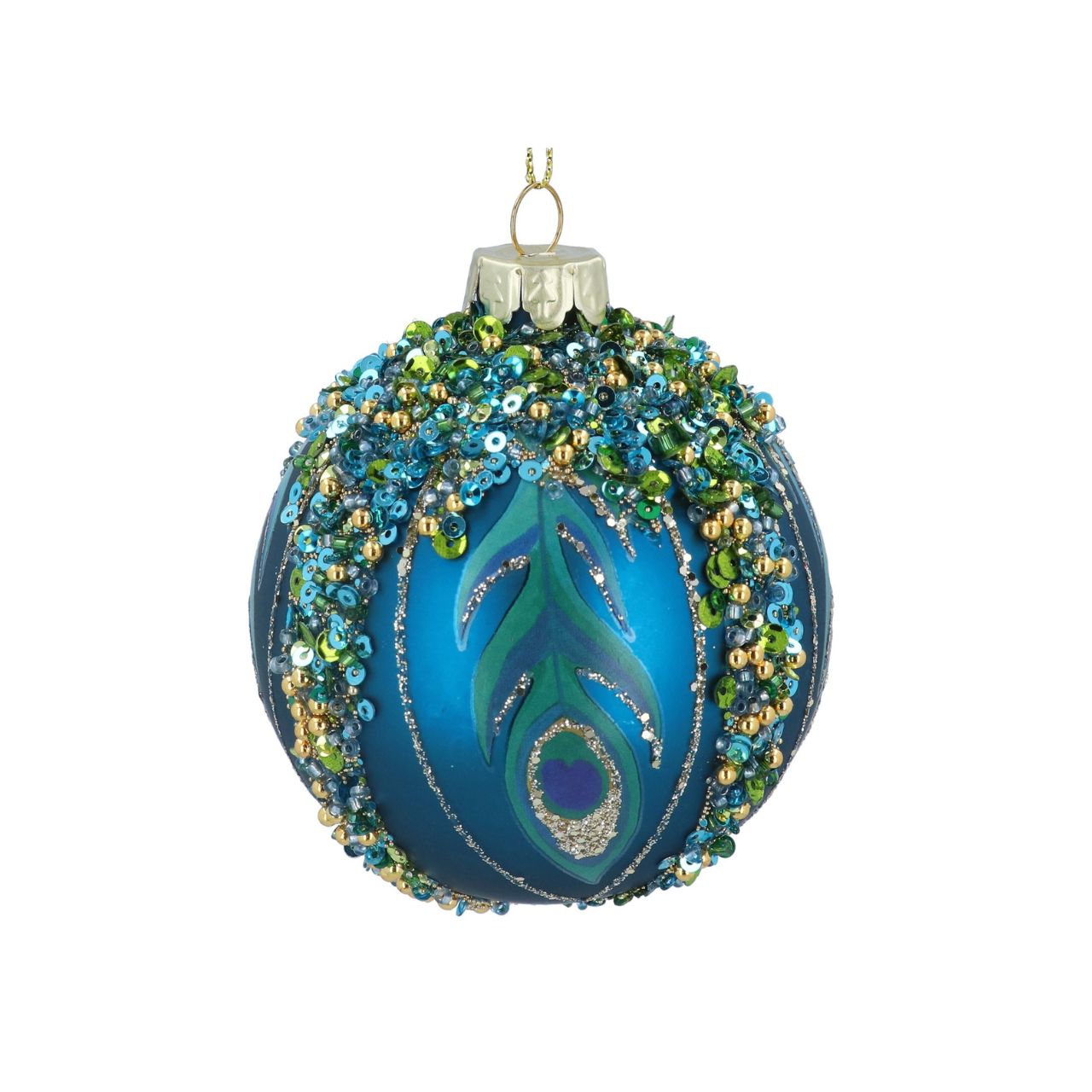 Add a touch of refined beauty to your holiday décor with the Gisela Graham Matt Peacock Blue Christmas Bauble. This elegant glass bauble features a deep peacock blue matt finish, enhanced with delicate sequin peacock feather details that capture the essence of festive sophistication.