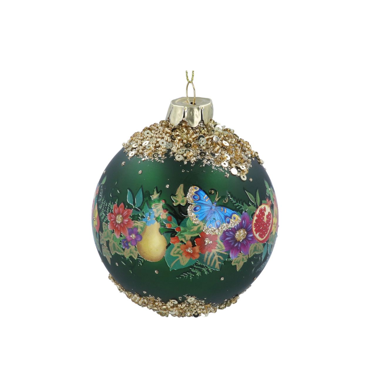Celebrate the season with the Gisela Graham Matt Peacock Green Christmas Bauble, adorned with delicate butterflies, fruit, and floral motifs. Its muted green finish adds an elegant touch to your holiday décor, while the intricate detailing brings a refined natural charm to your tree.