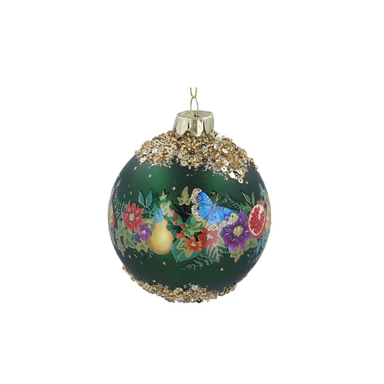 Celebrate the season with the Gisela Graham Matt Peacock Green Christmas Bauble, adorned with delicate butterflies, fruit, and floral motifs. Its muted green finish adds an elegant touch to your holiday décor, while the intricate detailing brings a refined natural charm to your tree.