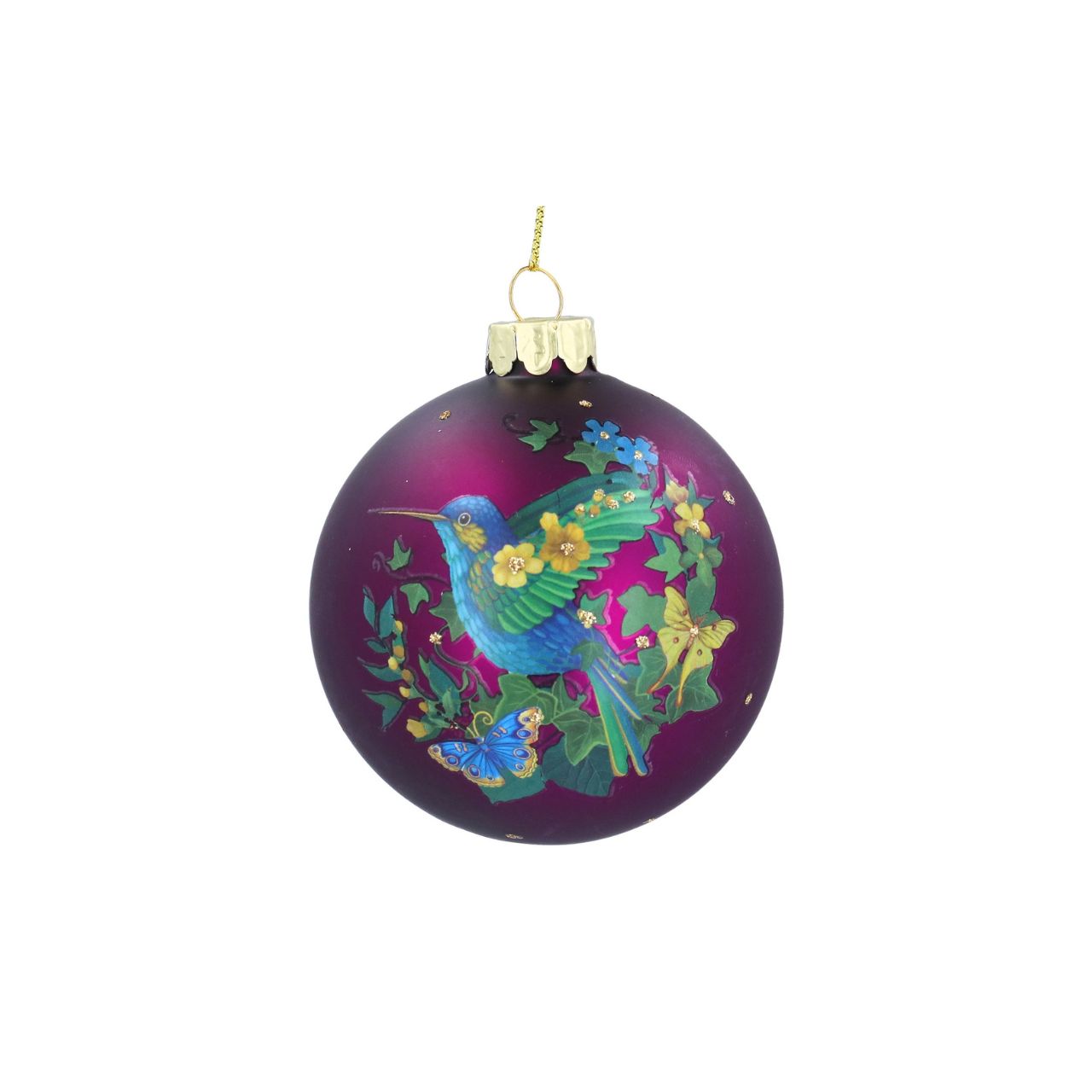 Elevate your holiday décor with the Gisela Graham Matt Plum Hummingbird &amp; Butterfly Christmas Bauble. Crafted with a refined plum matte finish, this delicate ornament features intricately detailed hummingbird and butterfly motifs, adding a touch of elegance and nature-inspired charm to your Christmas tree.