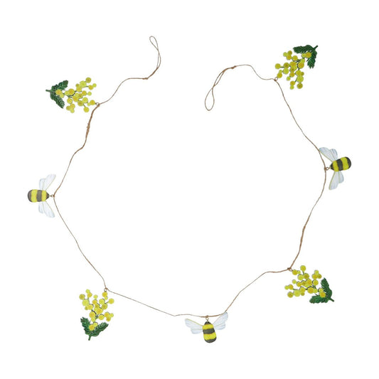 Bring spring charm to your home with this delightful Mimosa &amp; Bees Wood Garland from Gisela Graham. Stretching an impressive 120cm, this decorative piece features beautifully crafted wooden mimosa flowers and bee details that celebrate the season's natural beauty.