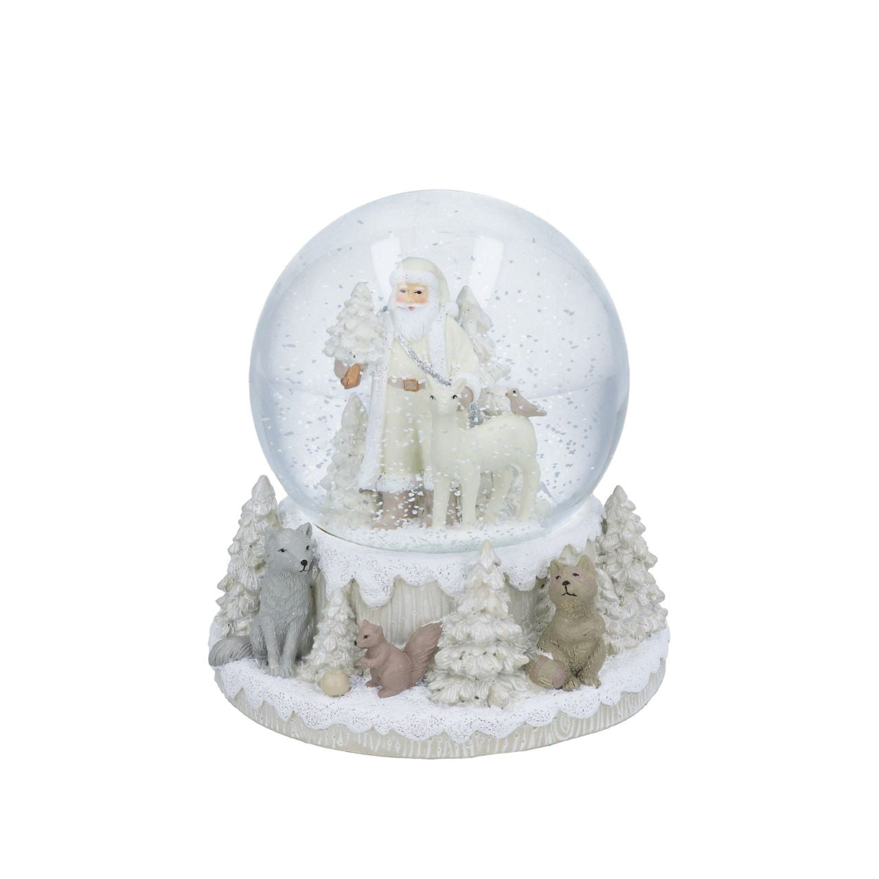 Elevate your festive décor with the Gisela Graham Music Snow Globe Winter Forest with Santa. This exquisite piece captures a serene winter forest scene, featuring Santa surrounded by delicate snowflakes.