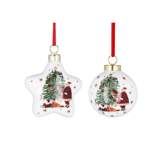 Celebrate the festive season with the Gisela Graham Nostalgia Santa &amp; Tree Ceramic Christmas Bauble. Crafted with elegant detail, this ceramic bauble features charming vintage-inspired designs of Santa and a classic tree star, adding a refined touch to your Christmas décor.