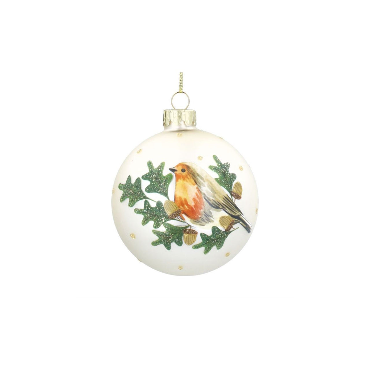 Elegant pale gold robin perched among delicate oak leaves, hand-painted on a premium glass bauble. This timeless Christmas ornament from Gisela Graham captures the beauty of winter wildlife with refined detail and a soft metallic finish.
