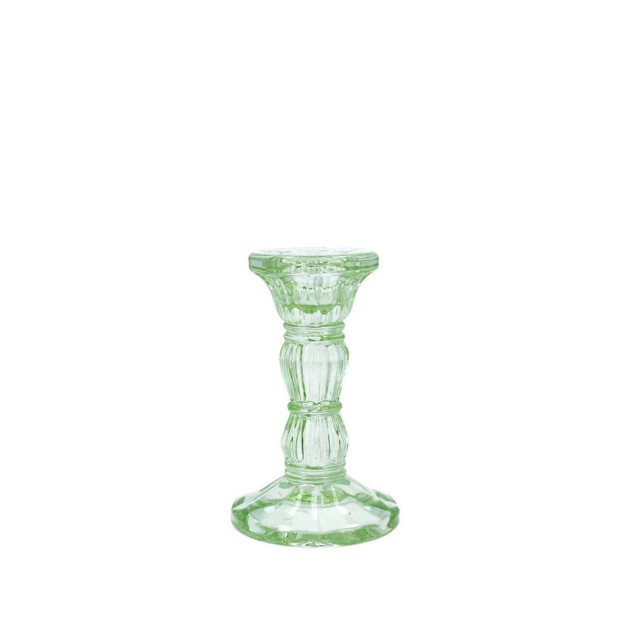 Bring soft, elegant light to your home with this charming pastel green glass candlestick from Gisela Graham. Standing at 10cm tall with a 6cm base, this delicate piece combines timeless design with contemporary colour.