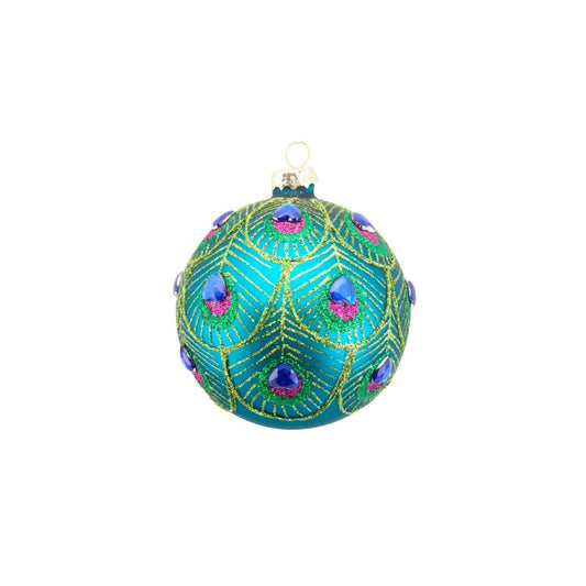 Elevate your festive décor with this stunning peacock feather-inspired glass bauble. Featuring an elegant scalloped design and iridescent peacock detailing, this ornament brings sophisticated holiday charm to any tree or display.