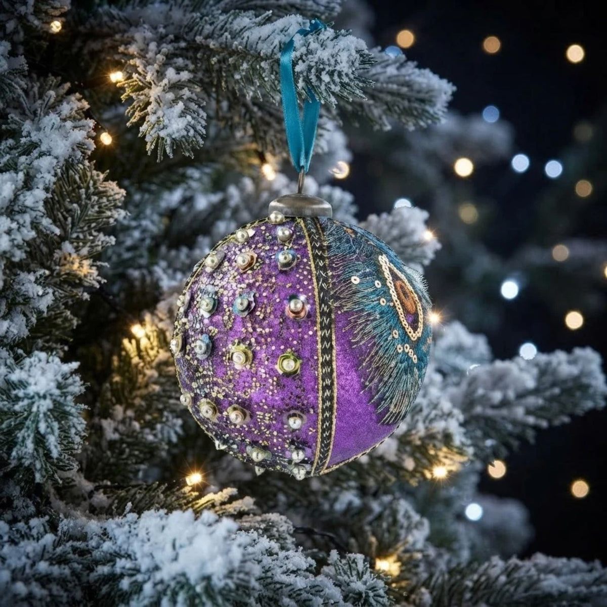 Elevate your festive décor with this exquisite Gisela Graham Peacock Sequin Christmas Bauble. Crafted with meticulous attention to detail, this ornament features shimmering sequins that catch the light beautifully, creating a mesmerising peacock-inspired design.